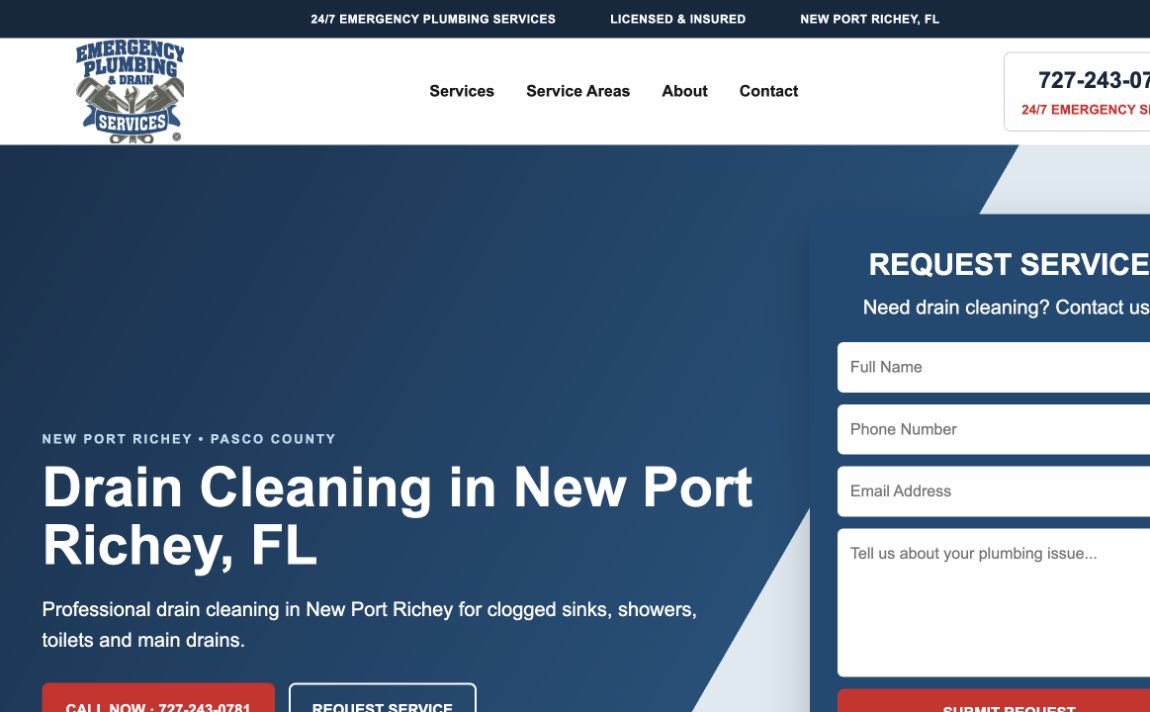 Screenshot of the Drain Cleaning service page