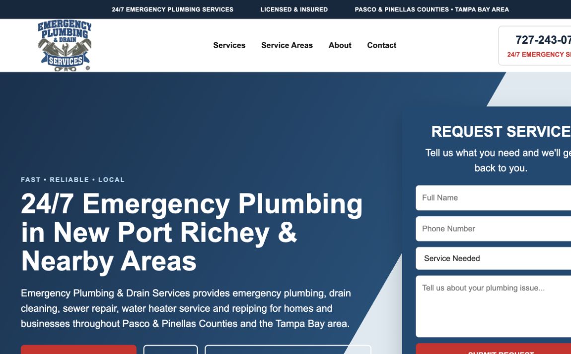 Screenshot of the Emergency Plumbing website homepage
