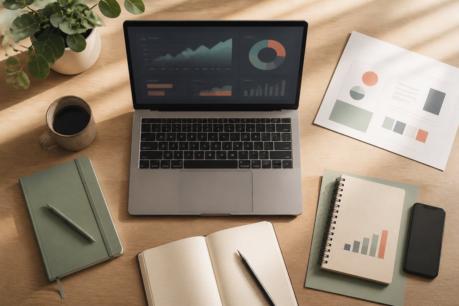 Laptop and planning materials representing SEO and business analytics