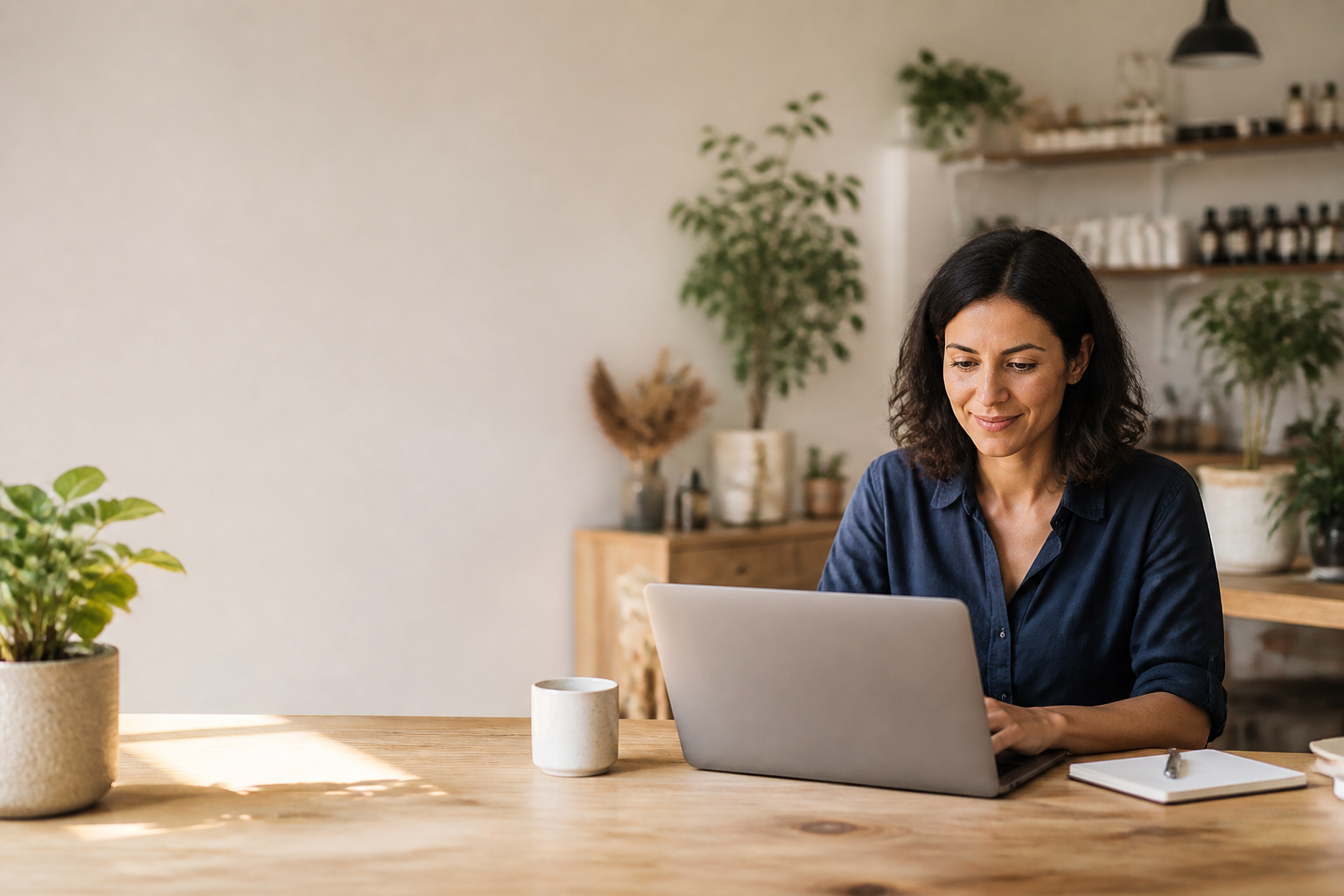 Small-business owner working on a laptop in a bright local business space